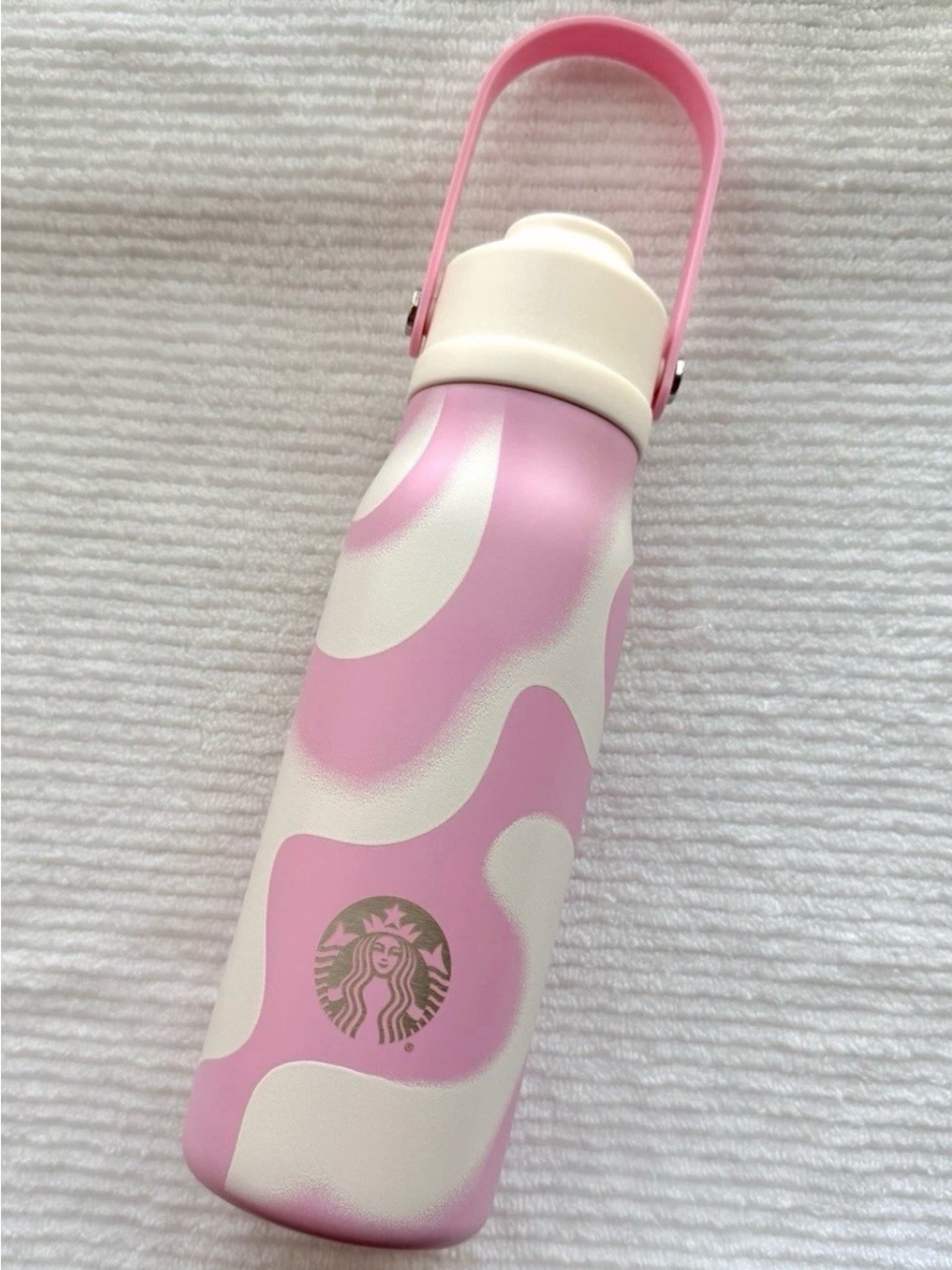 Starbucks Pink and White Swirl Insulated Bottle with Pink Handle
